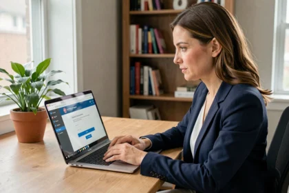 Professionnelle de santé accédant à la messagerie APHP depuis son domicile sur un ordinateur portable sécurisé