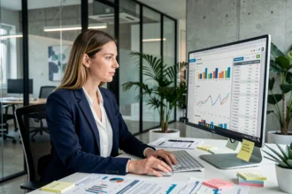 Une professionnelle analyse des rapports de concurrents SEO sur un grand écran dans un bureau moderne, entourée de données de classement et de tableaux de mots-clés