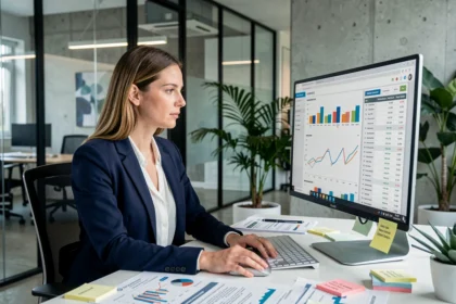 Une professionnelle analyse des rapports de concurrents SEO sur un grand écran dans un bureau moderne, entourée de données de classement et de tableaux de mots-clés
