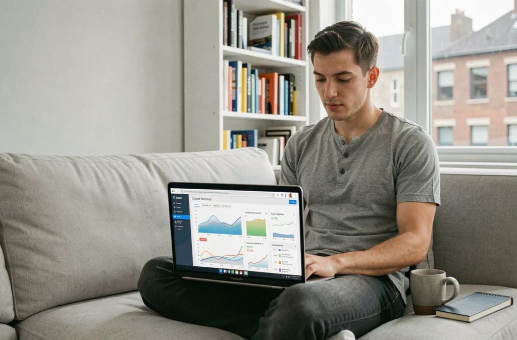 Un analyste SEO en télétravail examine un tableau de bord d'analyse de backlinks de concurrents sur son ordinateur portable dans un bureau à domicile minimaliste
