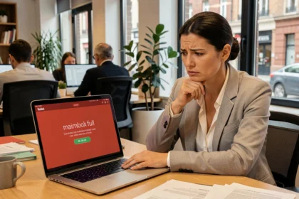 Femme frustrée devant un message d'erreur de boîte mail pleine sur son ordinateur portable au bureau