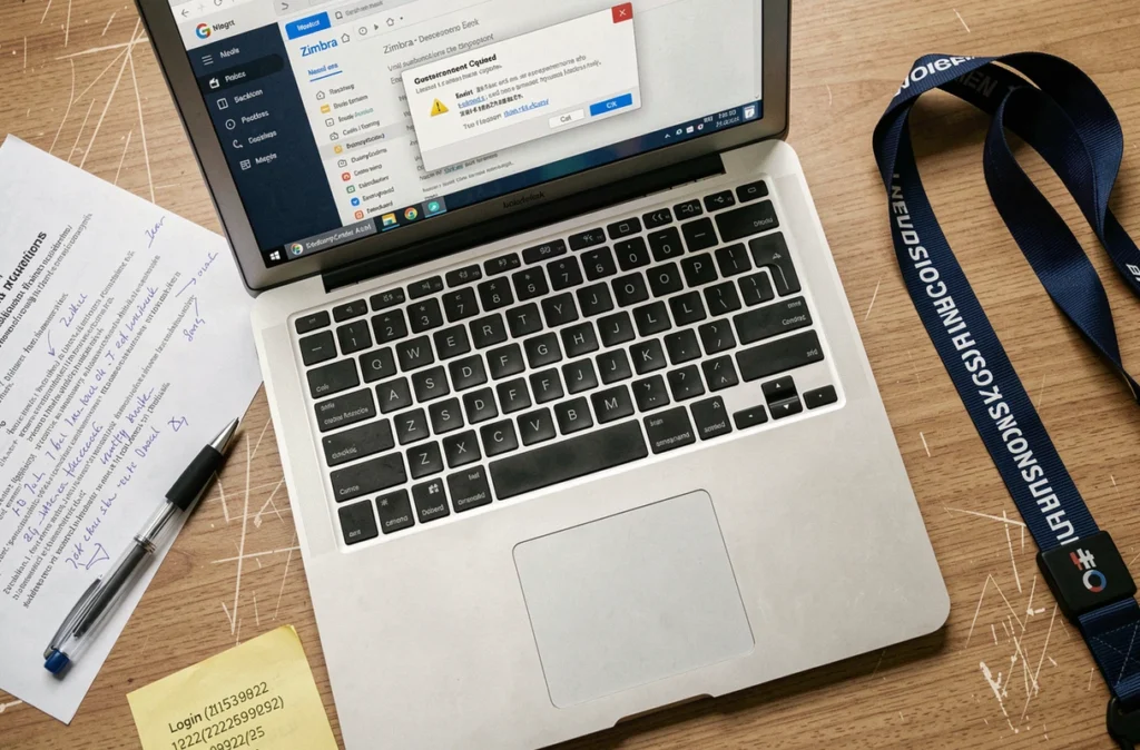 Bureau de douanier avec ordinateur affichant une erreur Zimbra et guide de dépannage de la messagerie Mercure