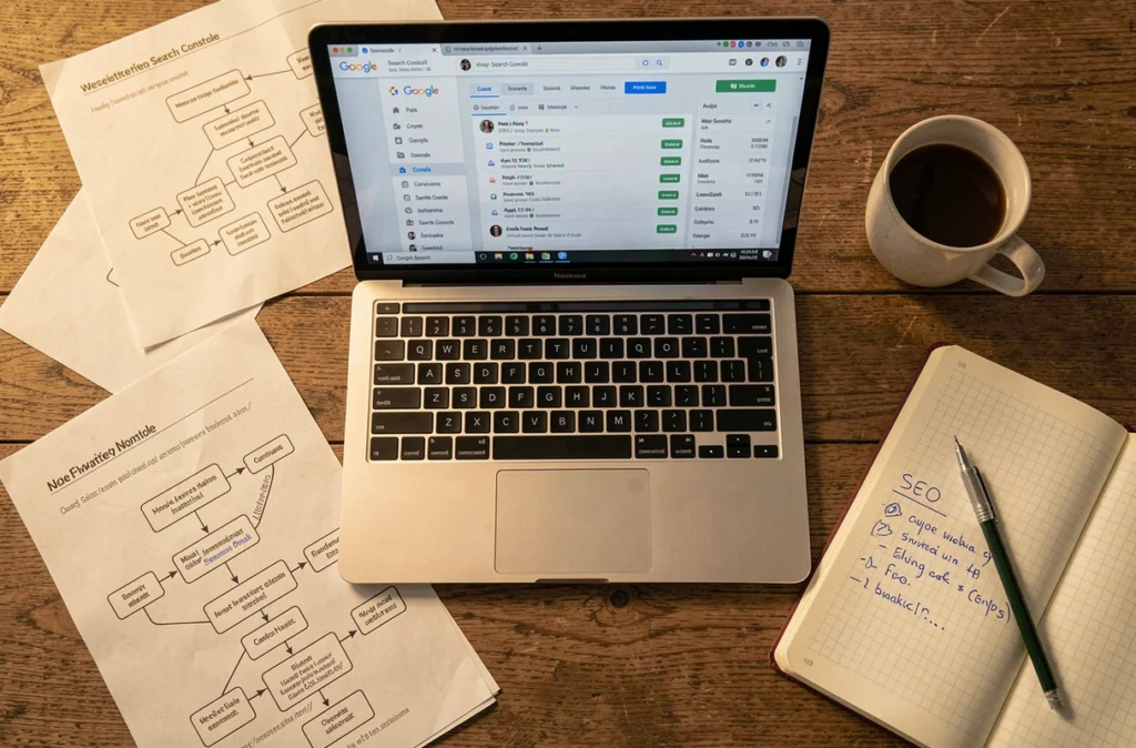 Vue aérienne d'un bureau avec des documents de stratégie SEO, un ordinateur portable affichant Google Search Console et des notes manuscrites sur le maillage interne