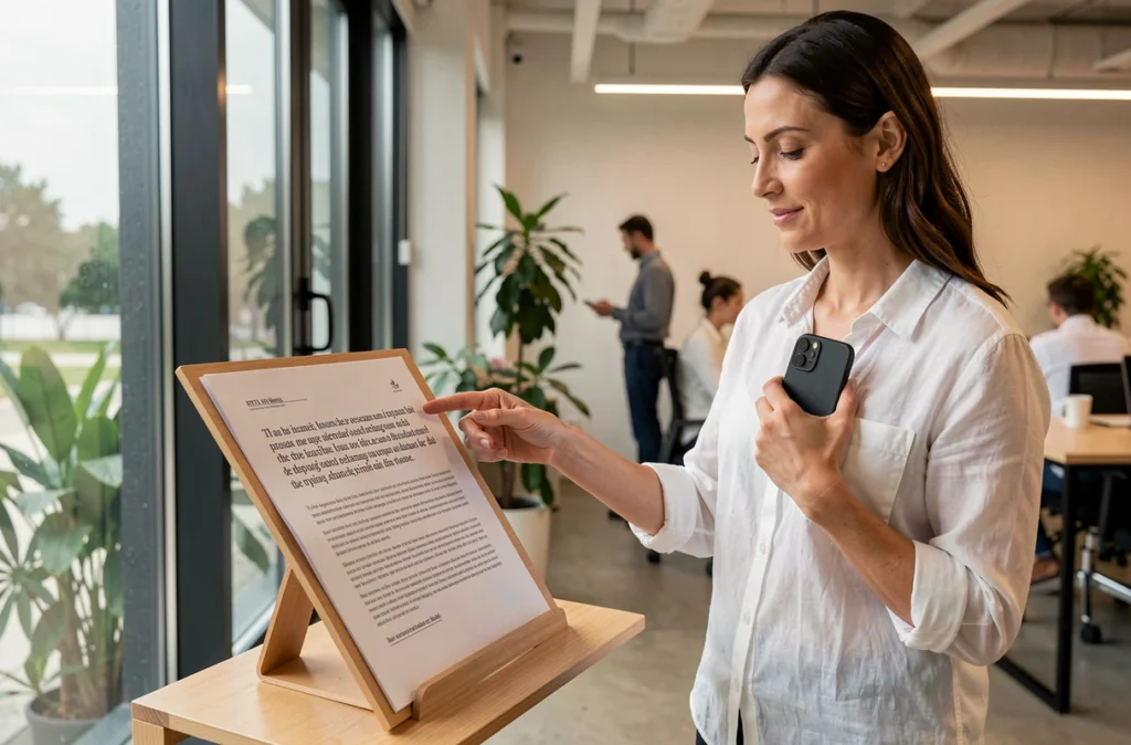 Cheffe d'entreprise protégeant ses devis clients avec un téléphone chiffré PGP dans un espace de coworking