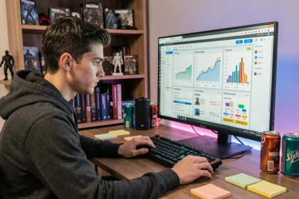 Jeune homme comparant des hébergeurs de serveur Minecraft gratuits sur son ordinateur de bureau dans un espace gaming