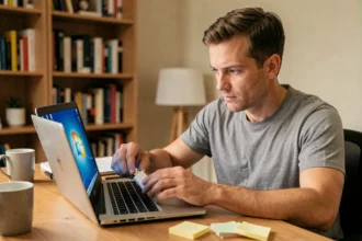 Homme insérant une clé USB bootable dans un laptop Windows 7 dans un bureau à domicile