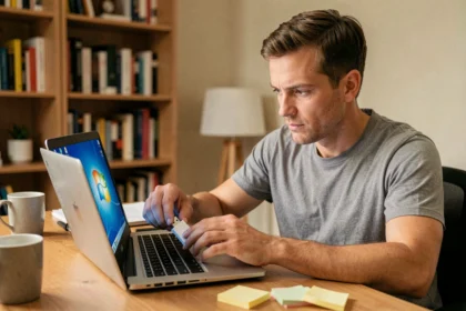 Homme insérant une clé USB bootable dans un laptop Windows 7 dans un bureau à domicile