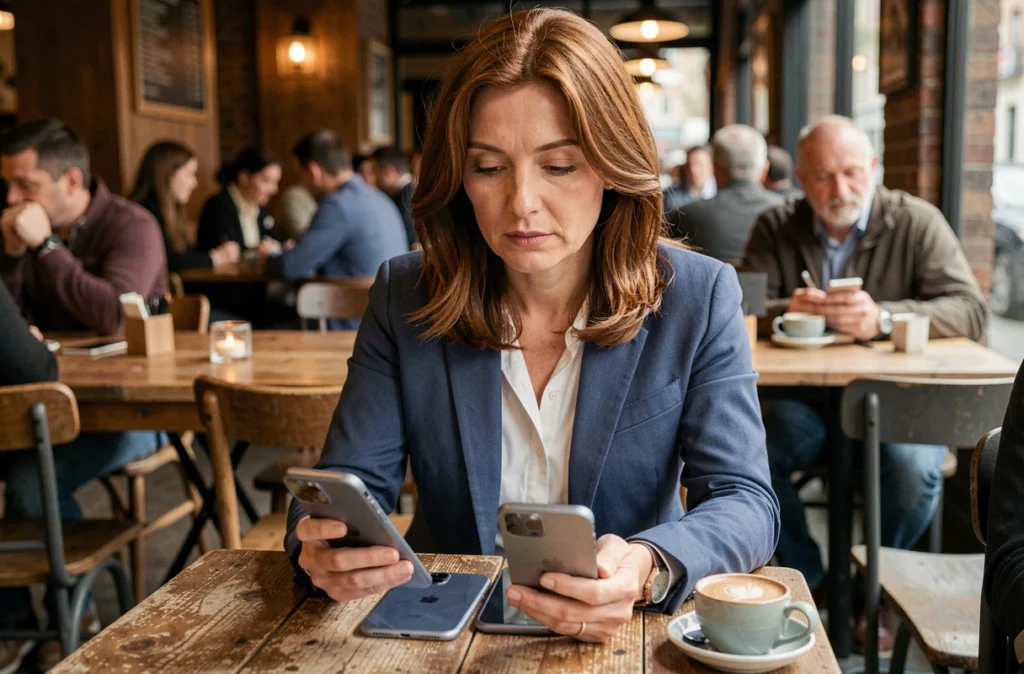 Femme comparant deux modèles d'iPhone dans un café pour choisir lequel éviter à long terme