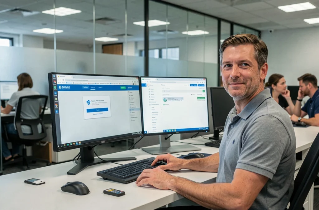 Professionnel informatique configurant un accès sécurisé à la messagerie hospitalière APHP depuis un bureau externe
