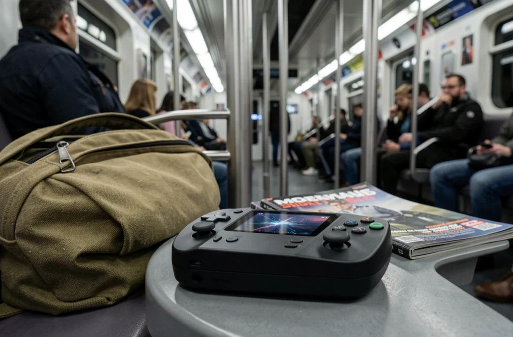 Console portable Sony posée sur un siège de métro avec un sac à dos en toile