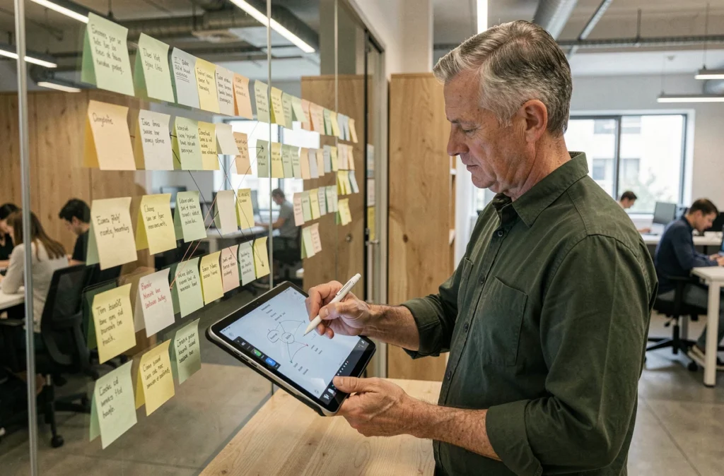 Consultant en référencement planifiant la structure de maillage interne d'un site web avec des post-it sur un mur en verre