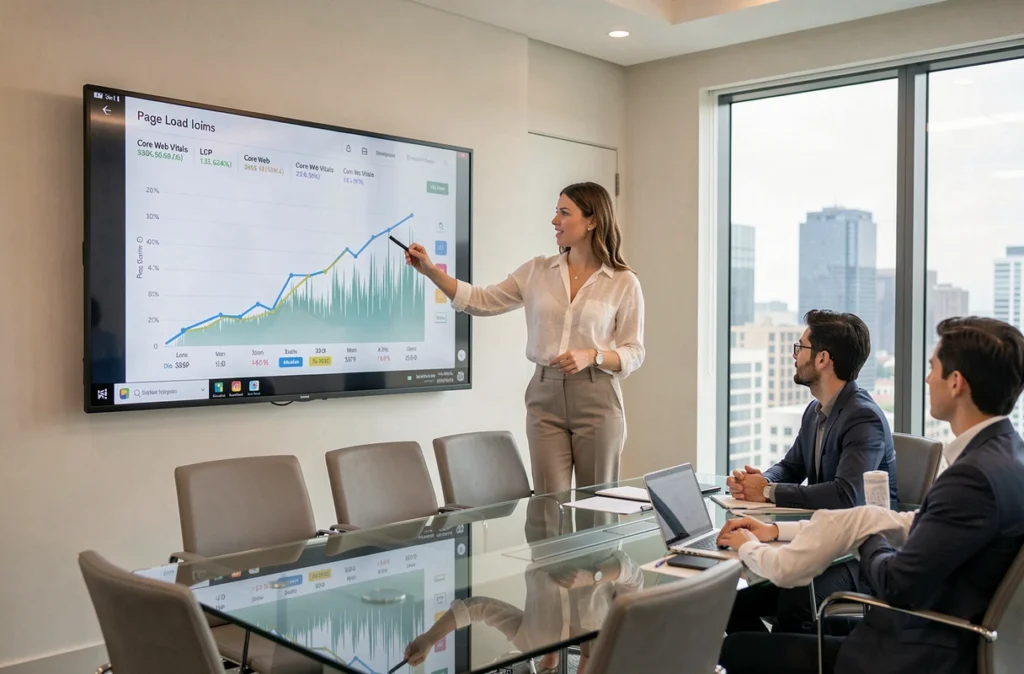 Consultante SEO présentant les métriques de performance web et leur impact sur le référencement Google