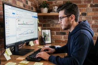 Développeur web analysant la vitesse de chargement d'un site sur Google Search Console