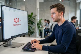 Développeur web observant une erreur 404 sur son écran dans un bureau moderne, illustrant l'impact des pages introuvables sur le SEO