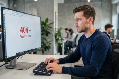 Développeur web observant une erreur 404 sur son écran dans un bureau moderne, illustrant l'impact des pages introuvables sur le SEO