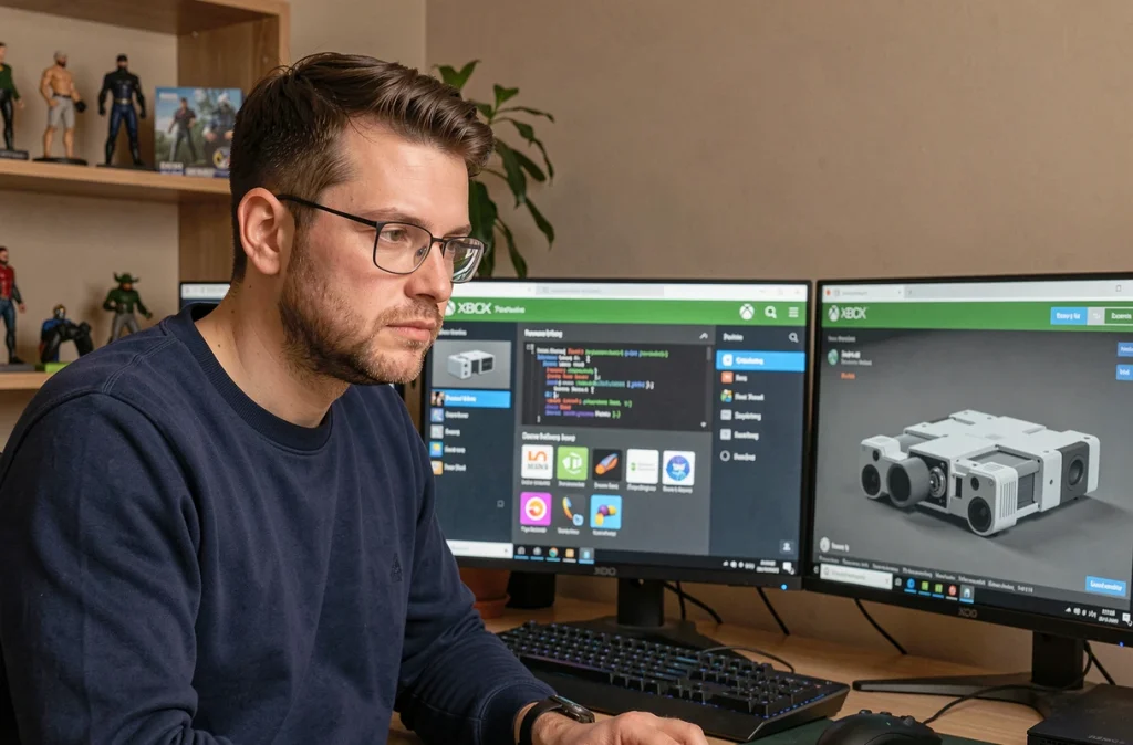 Ingénieur masculin au bureau travaillant sur une plateforme Xbox ouverte avec deux écrans affichant des outils développeurs