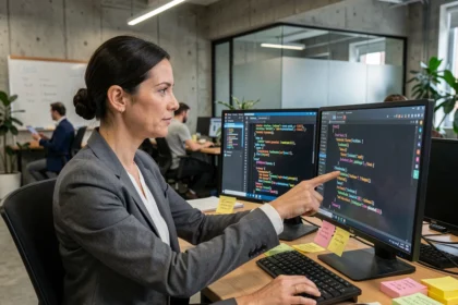 Développeuse web analysant des balises structurées schema.org sur un double écran dans un bureau moderne, illustrant l'optimisation SEO technique