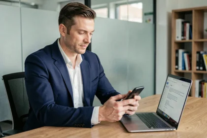 Entrepreneur consultant sécurisant ses contrats professionnels via un téléphone PGP chiffré au bureau