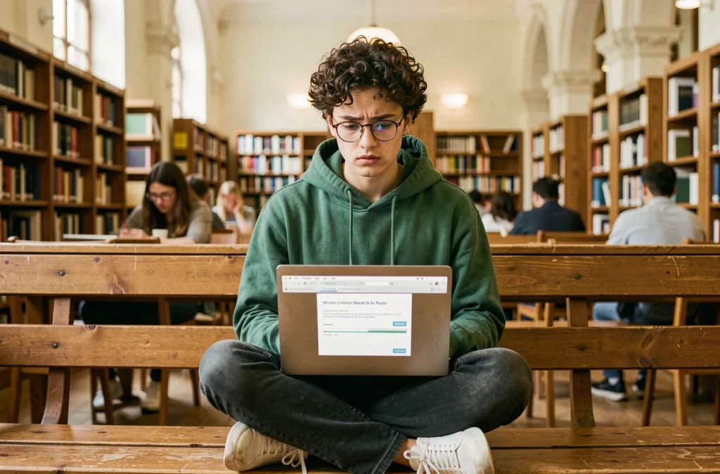 Étudiant universitaire consulté son webmail saturé sur un ordinateur portable dans une bibliothèque française