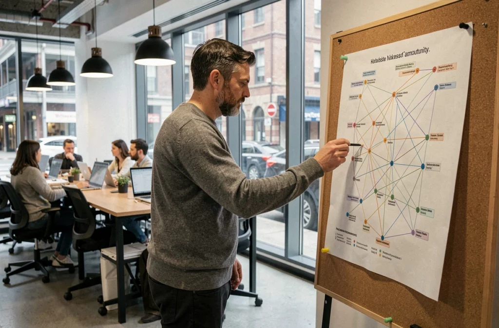 Expert en référencement naturel debout dans un espace de co-working étudie un graphe de maillage de liens externes