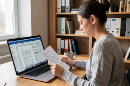 Femme travaillant sur un document Word ouvert sur un ordinateur portable, comparant les polices et styles avec un document imprimé sur un bureau en bois
