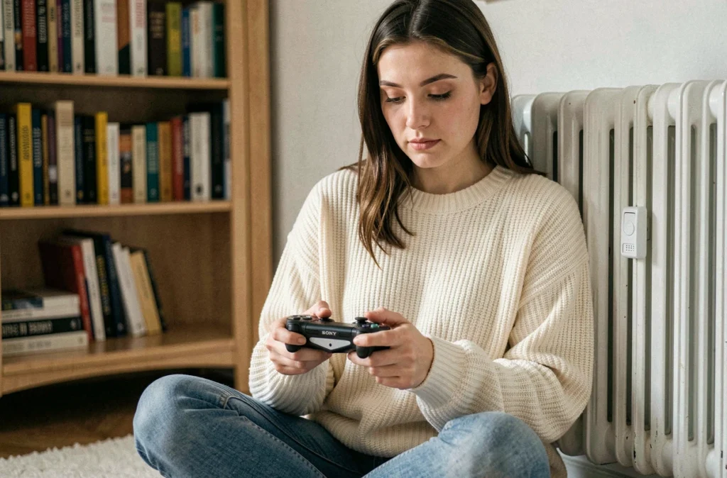 Femme jouant sur une console portable Sony dans une chambre cosy