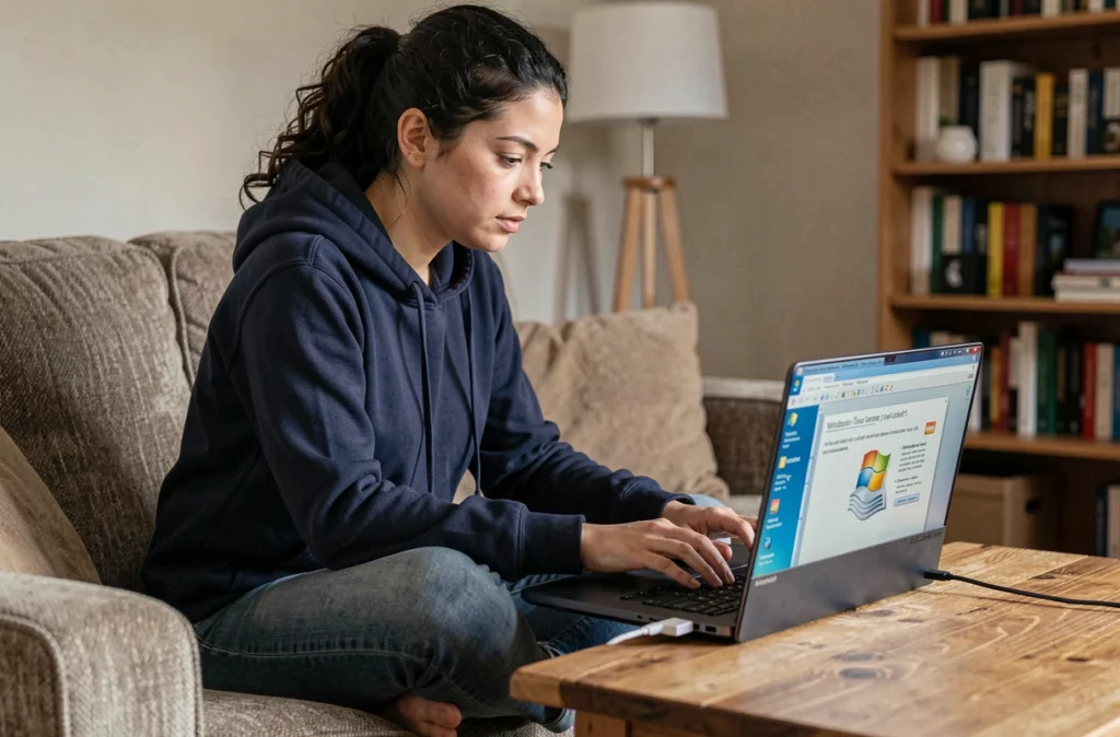 Femme suivant un tutoriel Windows 7 ISO sur laptop avec clé USB bootable dans salon