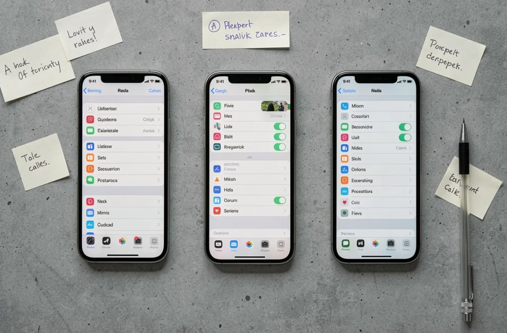 Vue de dessus de trois générations d'iPhone comparées sur une surface en béton avec des notes manuscrites
