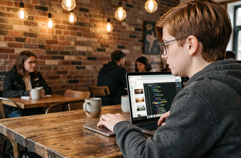 Développeur freelance optimisant des extraits enrichis Google grâce aux balises structurées depuis un café branché, symbolisant le SEO mobile et local