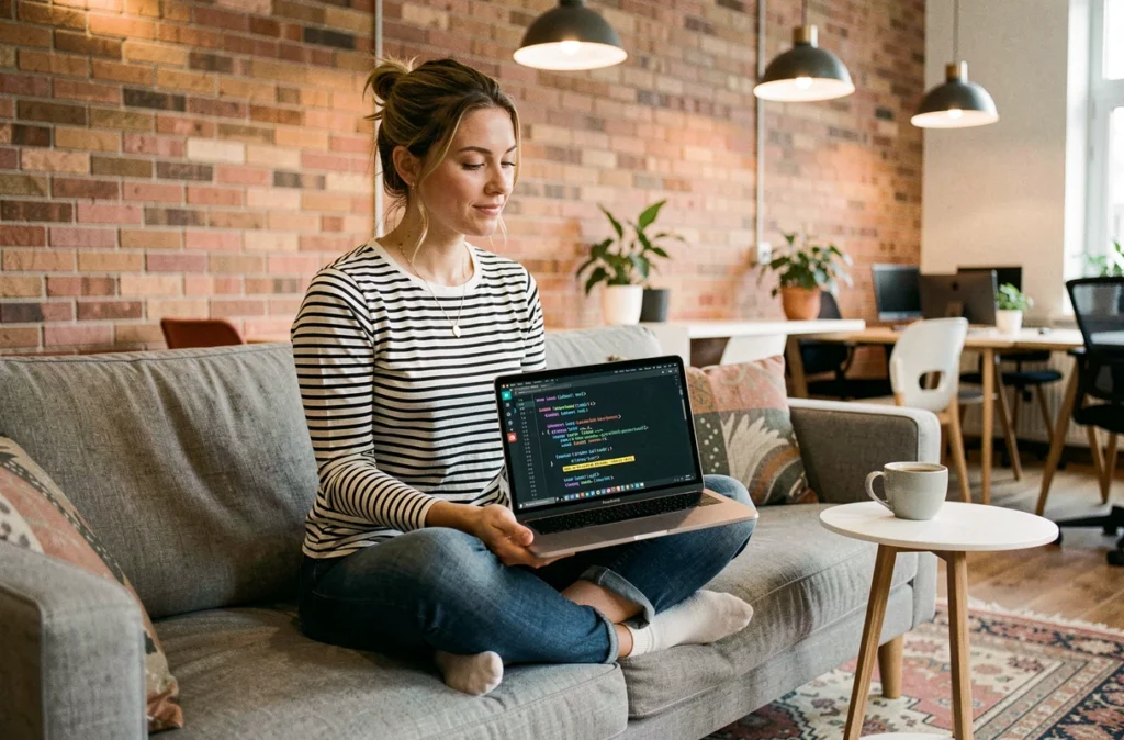 Développeuse front-end configurant le chargement différé et la priorité des images dans un fichier HTML sur son ordinateur portable dans un espace de travail décontracté