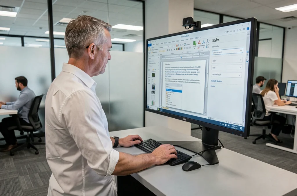 Homme debout devant un grand écran affichant un document Word avec le panneau de styles ouvert dans un bureau en open space moderne