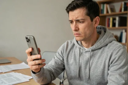 Homme tenant un ancien iPhone en se demandant s'il doit le garder ou le remplacer en 2026