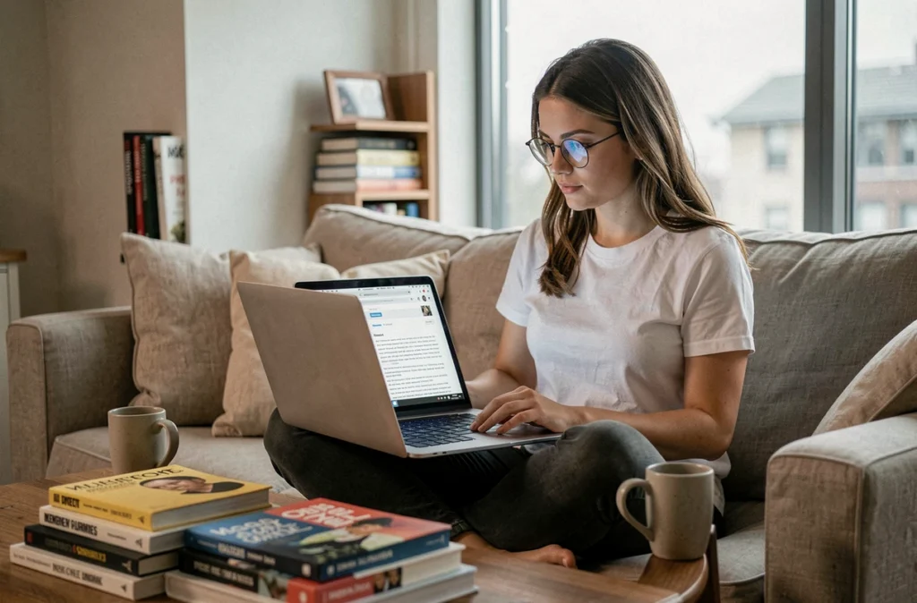 Jeune femme lisant un article de contenu evergreen sur ordinateur portable dans un salon cosy pour sa stratégie SEO