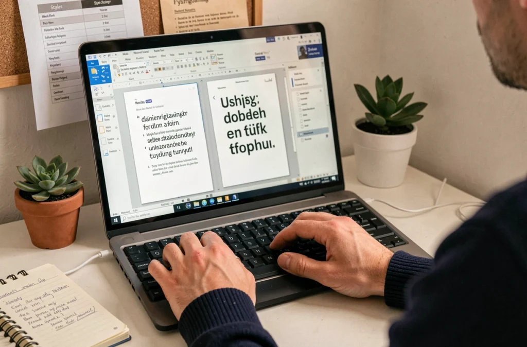 Gros plan de mains tapant sur un clavier devant un écran affichant deux documents Word côte à côte comparant les polices d'origine et les polices substituées