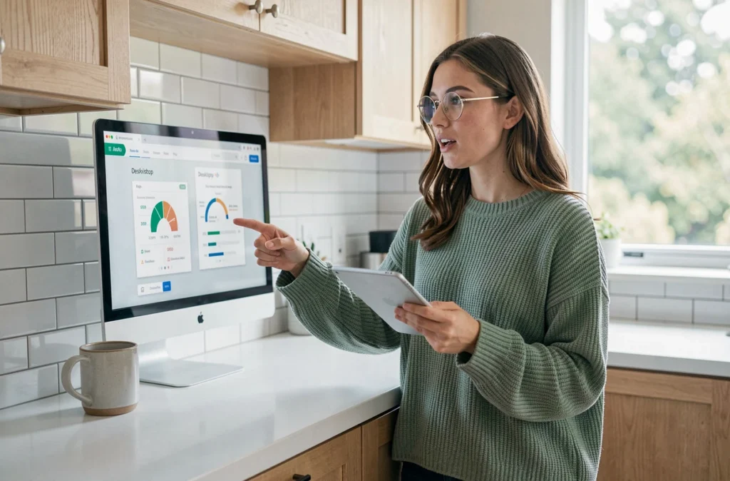 Jeune femme expliquant les métriques SEO mobiles sur une tablette dans un bureau à domicile