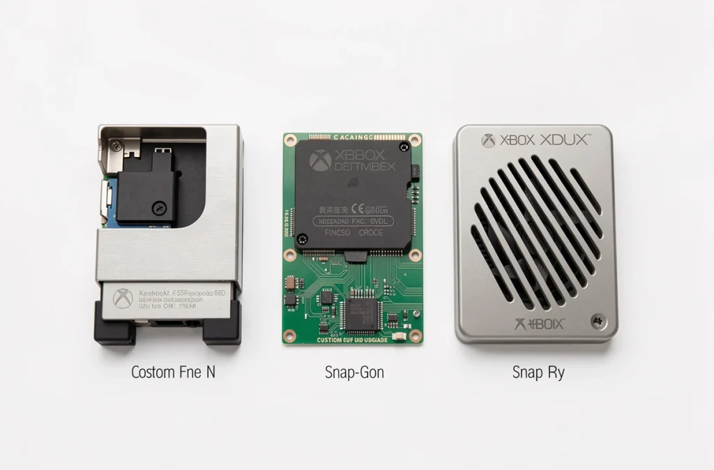 Modules interchangeables de console Xbox nouvelle génération photographiés en vue aérienne sur fond blanc épuré