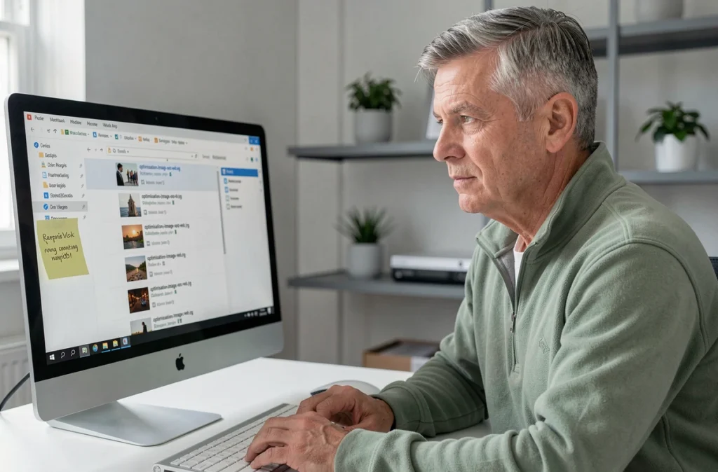 Spécialiste SEO vérifiant le nommage descriptif des fichiers images dans un explorateur de fichiers sur son ordinateur de bureau à domicile