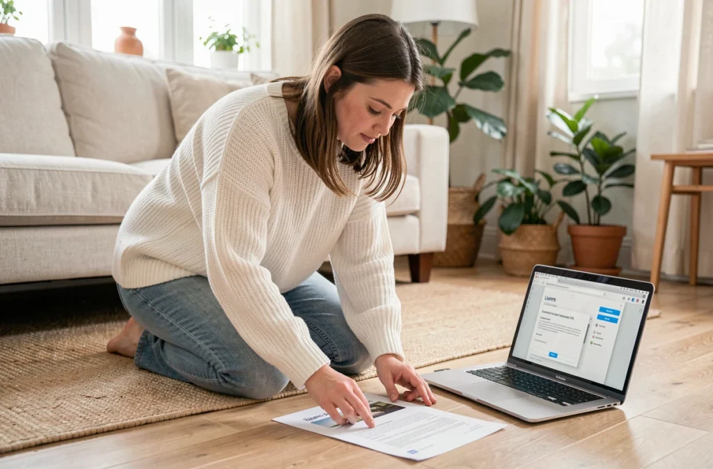 Jeune femme numérisant un document sur le sol du salon avec un ordinateur portable