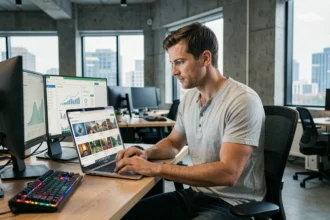 Développeur web analysant un tableau de bord d'optimisation d'images et de performance SEO sur un écran d'ordinateur portable dans un bureau moderne