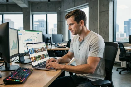 Développeur web analysant un tableau de bord d'optimisation d'images et de performance SEO sur un écran d'ordinateur portable dans un bureau moderne