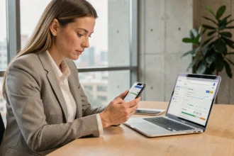 Femme professionnelle analysant les performances SEO mobiles sur un smartphone dans un bureau moderne