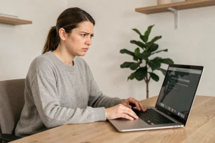 Femme frustrée face à une panne sur une interface web depuis son bureau à domicile