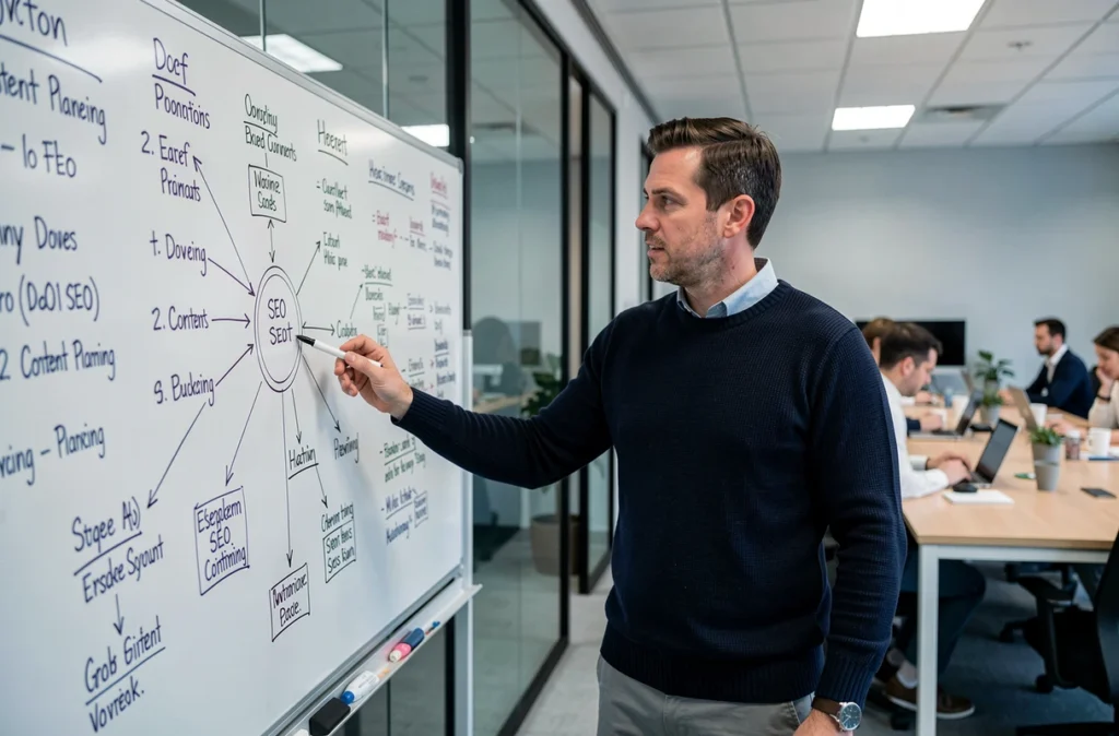 Professionnel du SEO présentant une stratégie de contenu durable sur un tableau blanc dans une agence digitale