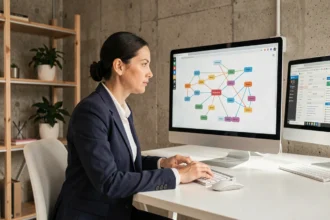 Professionnelle analysant un diagramme de maillage interne de site web sur un double écran dans un bureau moderne