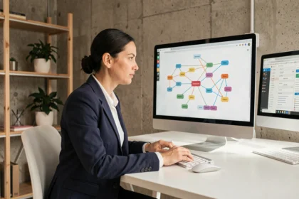 Professionnelle analysant un diagramme de maillage interne de site web sur un double écran dans un bureau moderne