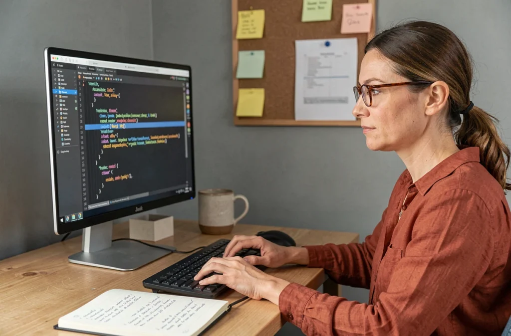 Éditrice web rédigeant un attribut alt descriptif et contextualisé dans un éditeur de code HTML pour améliorer l'accessibilité et le référencement naturel