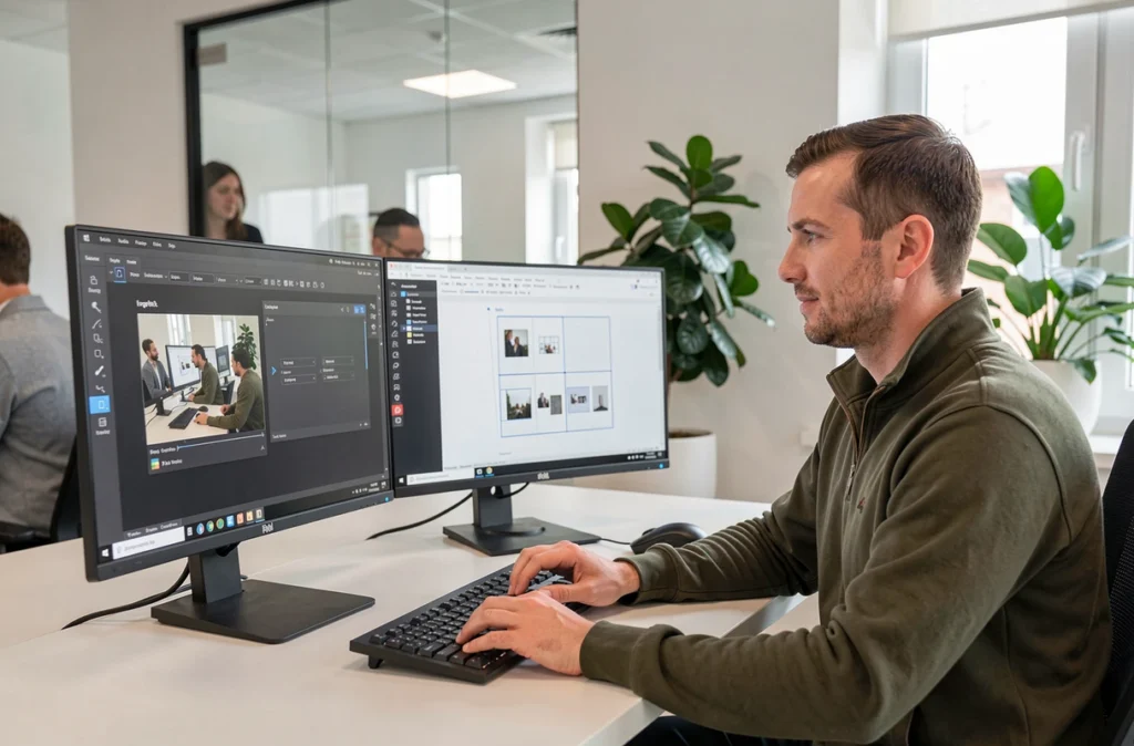 Designer UX redimensionnant une image aux dimensions réelles d'affichage dans un outil en ligne sur un poste de travail à deux écrans en bureau d'agence