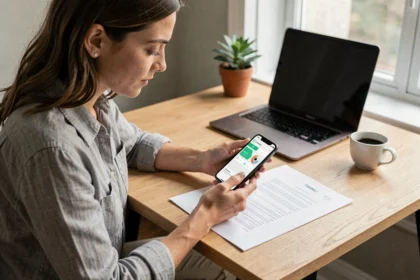 Femme scannant un document papier avec son smartphone sur un bureau à domicile