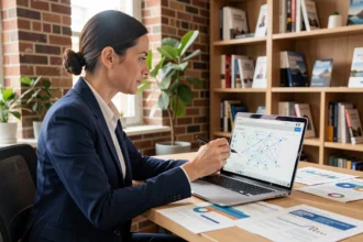 Spécialiste SEO analysant des données de backlinks de qualité sur un tableau de bord web dans un bureau moderne