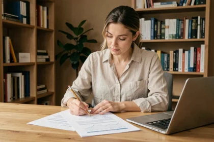 Femme professionnelle analysant une stratégie de contenu evergreen sur des documents imprimés dans un bureau moderne
